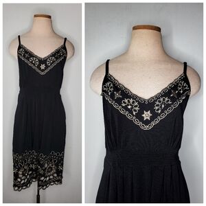 Black & Gold Lace Trim Boho Babydoll Dress Medium Large Spaghetti Straps